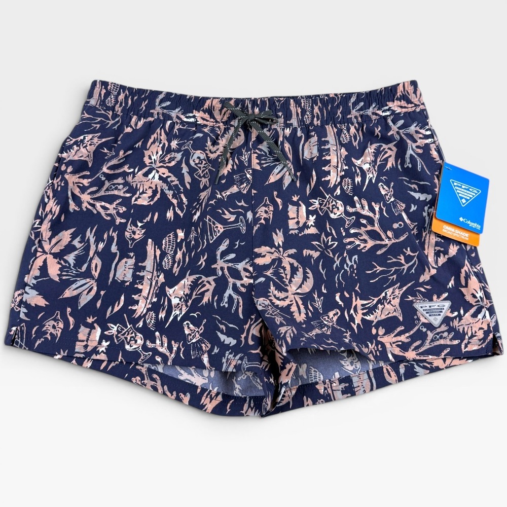 COLUMBIA Rugged Water Printed Shorts Womens M‎ Navy Pink PFG Fishing Tropical